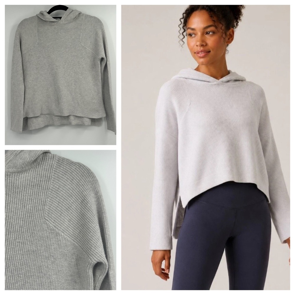 Athleta Ribbed Knit Hoodie Sweater Gray Pima Cotton Silk Blend XXS Relaxed Fit